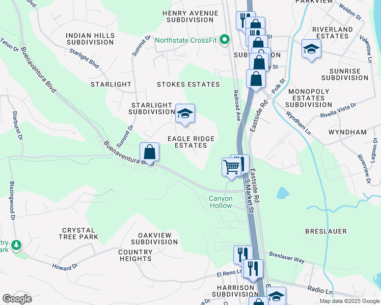 map of restaurants, bars, coffee shops, grocery stores, and more near 4020 Silver Lace Lane in Redding