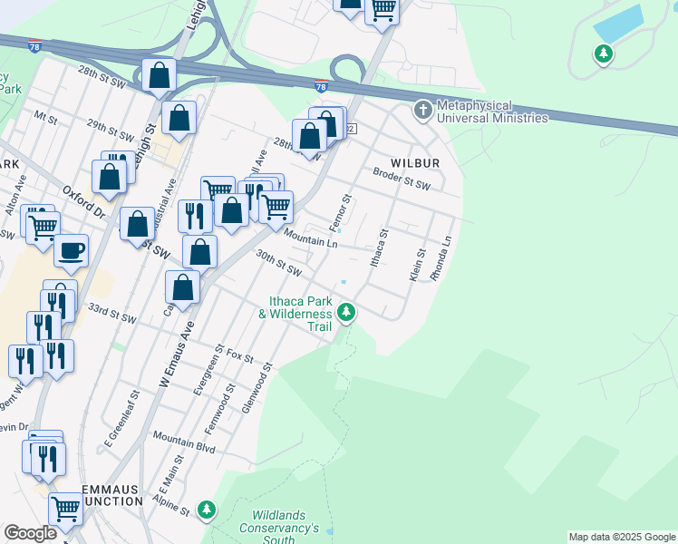 map of restaurants, bars, coffee shops, grocery stores, and more near 2926 Fernor Street in Allentown