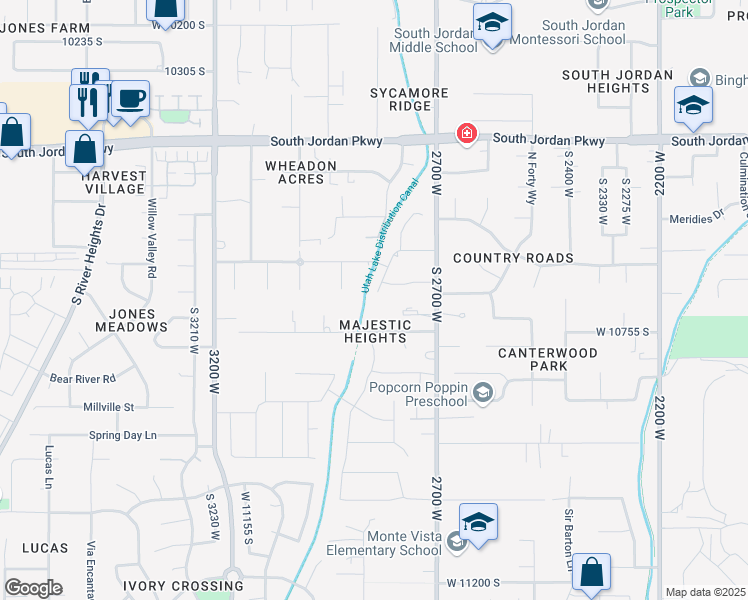 map of restaurants, bars, coffee shops, grocery stores, and more near 10676 Urban Ridge Cove in South Jordan