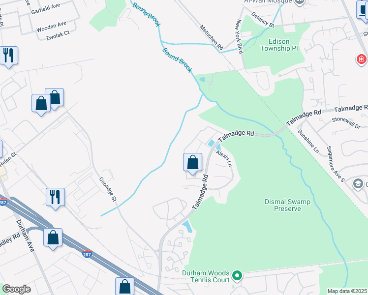 map of restaurants, bars, coffee shops, grocery stores, and more near 157 Prestwick Way in Edison