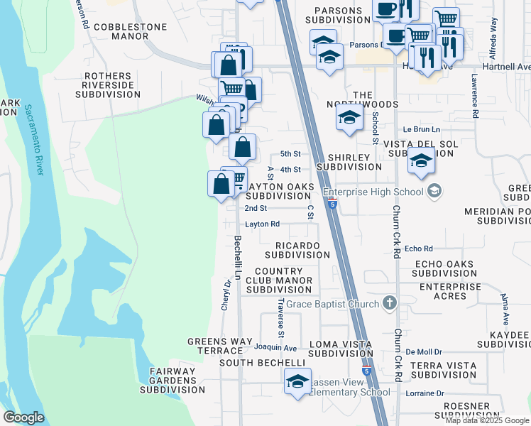 map of restaurants, bars, coffee shops, grocery stores, and more near 1012 2nd St in Redding
