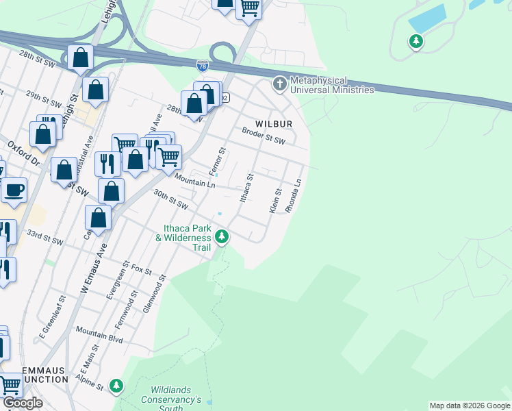 map of restaurants, bars, coffee shops, grocery stores, and more near 2919 Klein Street in Allentown