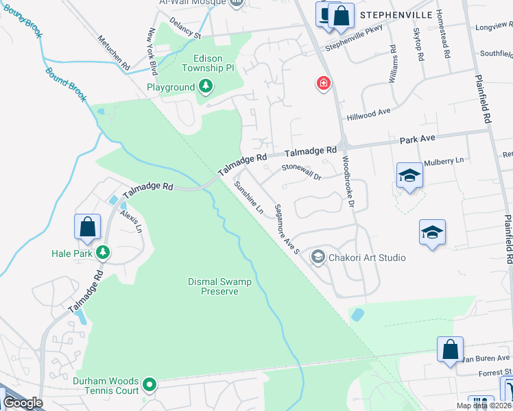 map of restaurants, bars, coffee shops, grocery stores, and more near 25 Sunshine Lane in Edison