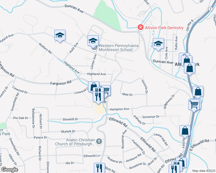 map of restaurants, bars, coffee shops, grocery stores, and more near 3837 Mount Royal Boulevard in Allison Park