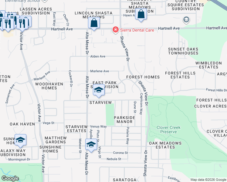 map of restaurants, bars, coffee shops, grocery stores, and more near 3573 Laramie Street in Redding