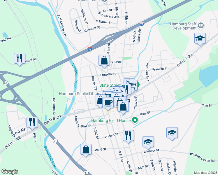 map of restaurants, bars, coffee shops, grocery stores, and more near 106 North 4th Street in Hamburg
