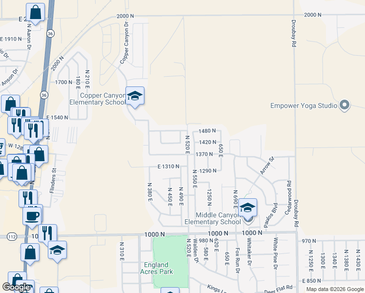 map of restaurants, bars, coffee shops, grocery stores, and more near 492 East 1420 North in Tooele