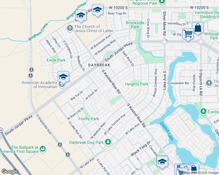 map of restaurants, bars, coffee shops, grocery stores, and more near 10762 S Kestrel Rise Road in South Jordan