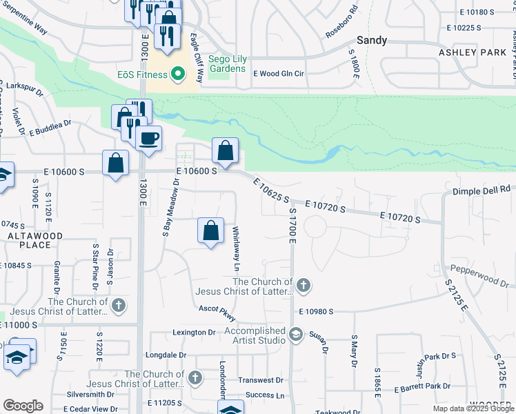 map of restaurants, bars, coffee shops, grocery stores, and more near 10688 East Dielsdorf Road in Sandy