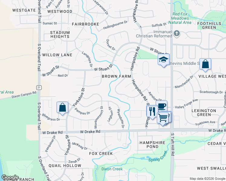 map of restaurants, bars, coffee shops, grocery stores, and more near 2524 Charolais Drive in Fort Collins