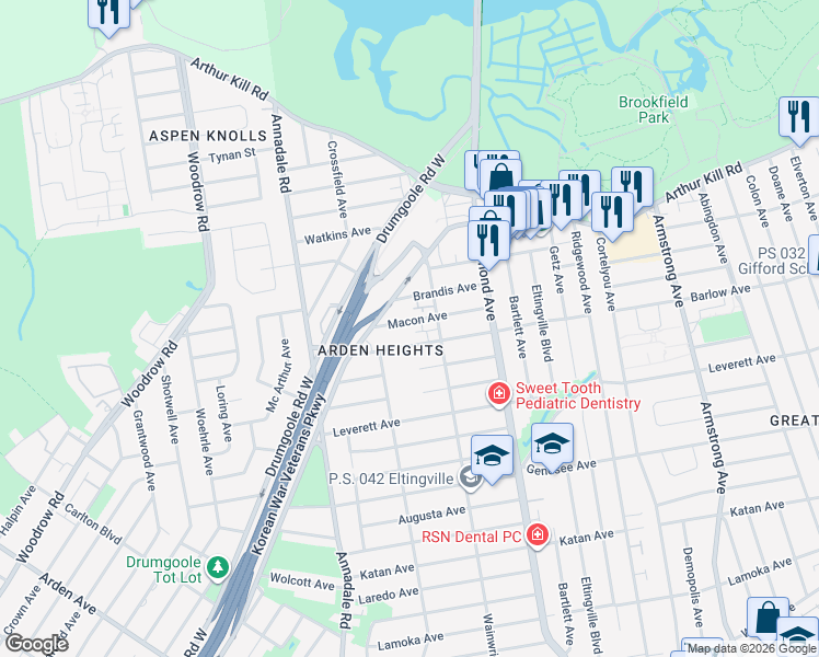 map of restaurants, bars, coffee shops, grocery stores, and more near 80A Macon Avenue in Staten Island