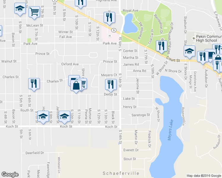 map of restaurants, bars, coffee shops, grocery stores, and more near 1219 Black Street in Pekin