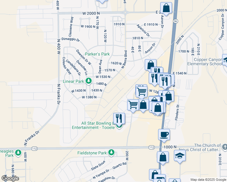 map of restaurants, bars, coffee shops, grocery stores, and more near 1416 Baen Way in Tooele