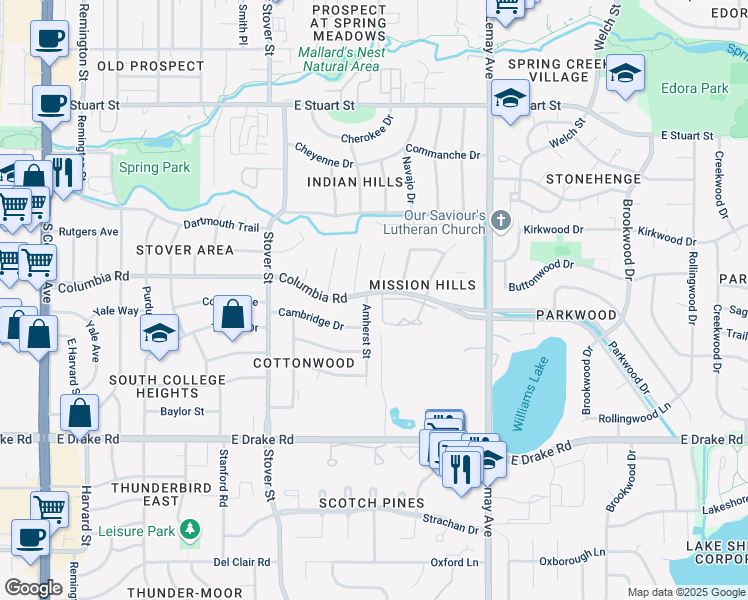 map of restaurants, bars, coffee shops, grocery stores, and more near 2300 Amherst Street in Fort Collins