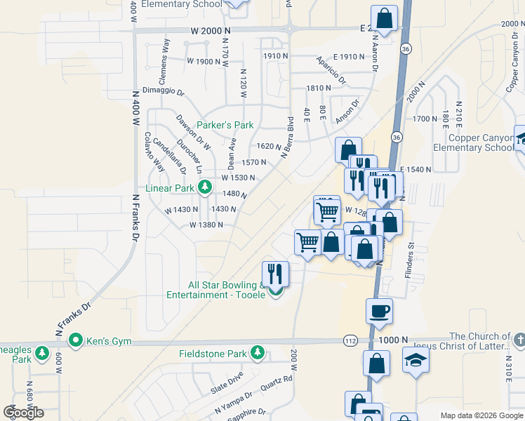 map of restaurants, bars, coffee shops, grocery stores, and more near 1416 Baen Way in Tooele