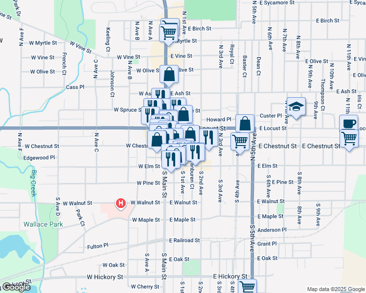 map of restaurants, bars, coffee shops, grocery stores, and more near 100 East Chestnut Street in Canton