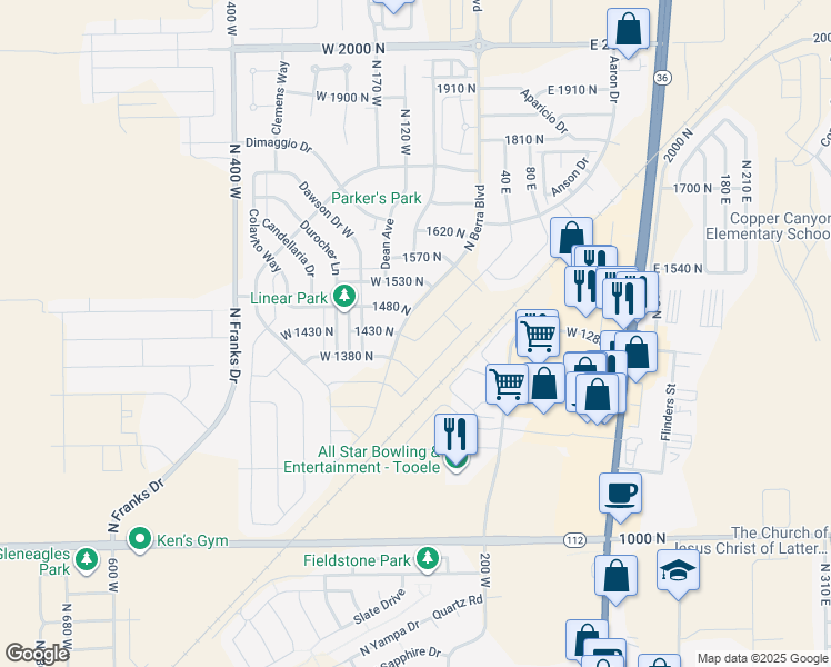 map of restaurants, bars, coffee shops, grocery stores, and more near 1403 Baen Way in Tooele