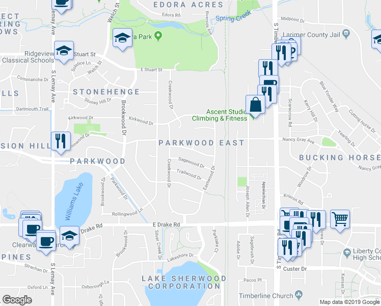 map of restaurants, bars, coffee shops, grocery stores, and more near 1701 Barnwood Drive in Fort Collins