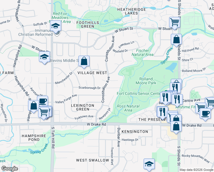 map of restaurants, bars, coffee shops, grocery stores, and more near 1630 Scarborough Drive in Fort Collins