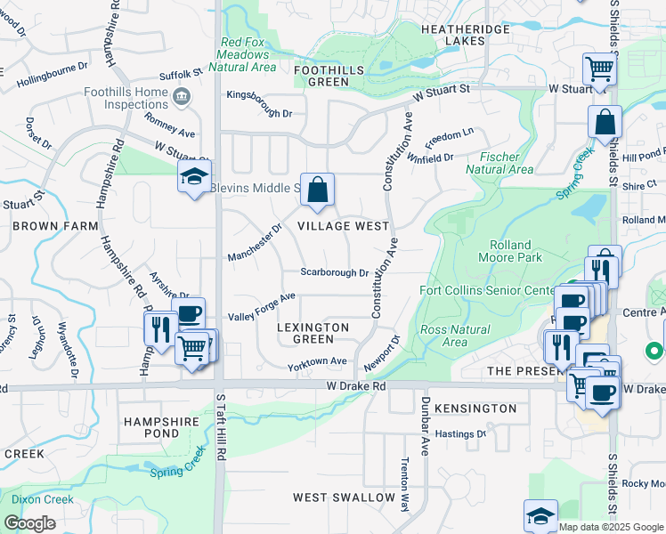 map of restaurants, bars, coffee shops, grocery stores, and more near 2224 Scarborough Court in Fort Collins