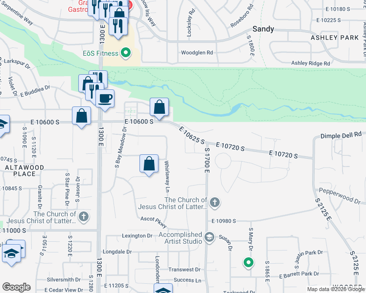 map of restaurants, bars, coffee shops, grocery stores, and more near 10688 South Dielsdorf Road in Sandy