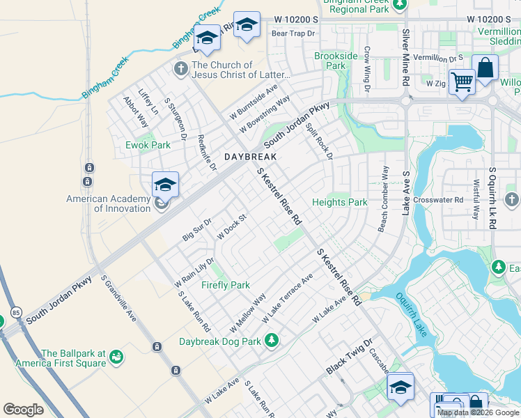 map of restaurants, bars, coffee shops, grocery stores, and more near 5169 West Dock Street in South Jordan