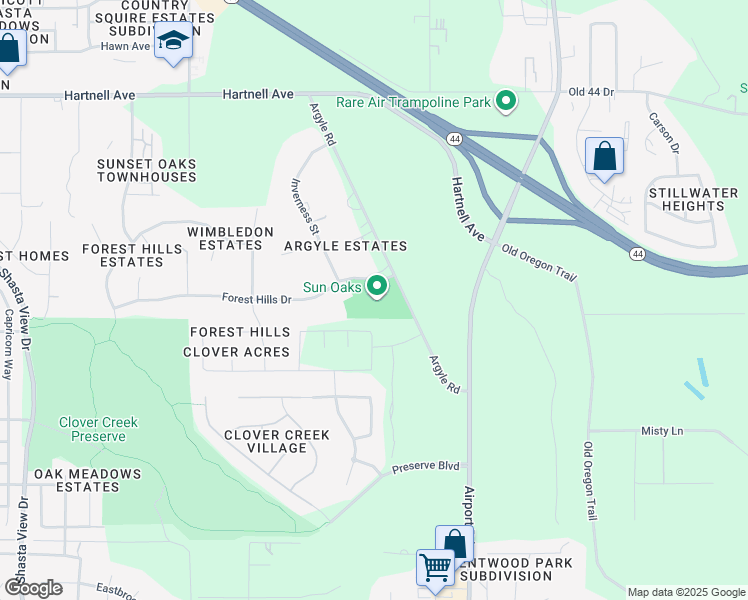 map of restaurants, bars, coffee shops, grocery stores, and more near 3452 Argyle Road in Redding
