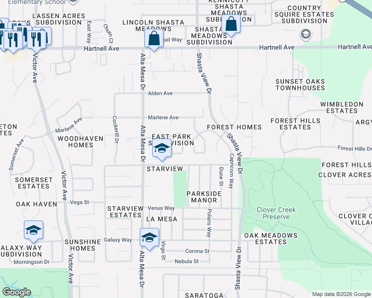 map of restaurants, bars, coffee shops, grocery stores, and more near 3573 Laramie Street in Redding