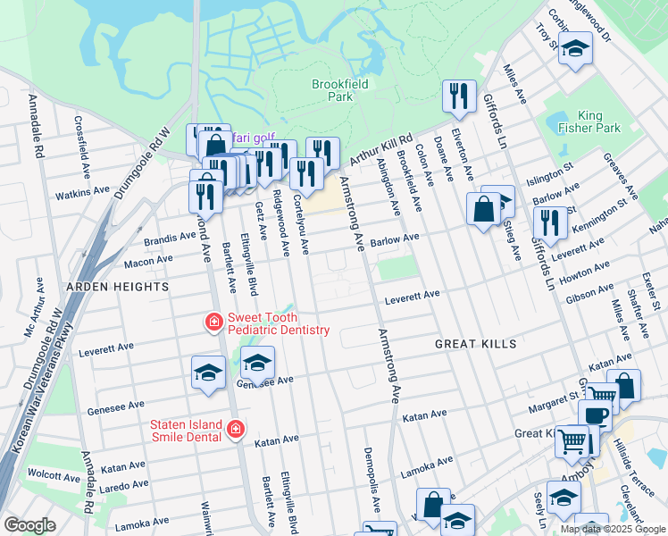map of restaurants, bars, coffee shops, grocery stores, and more near 21 Fenway Circle in Staten Island