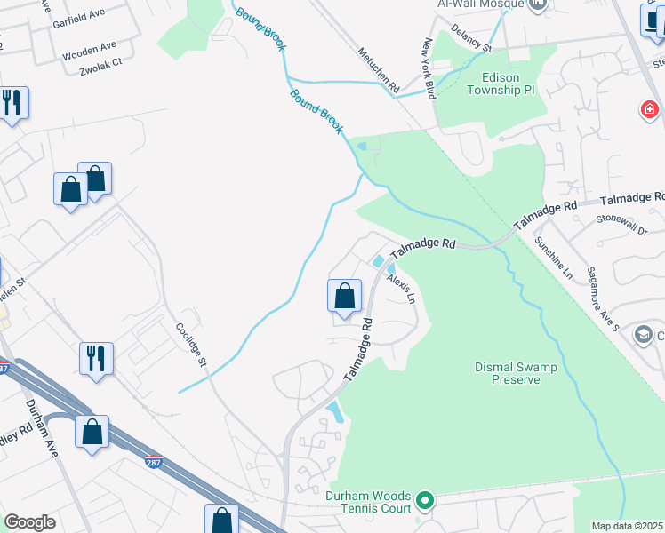 map of restaurants, bars, coffee shops, grocery stores, and more near 157 Prestwick Way in Edison