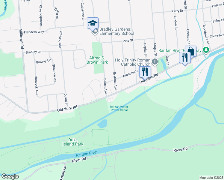 map of restaurants, bars, coffee shops, grocery stores, and more near 136 Old York Road in Bridgewater Township