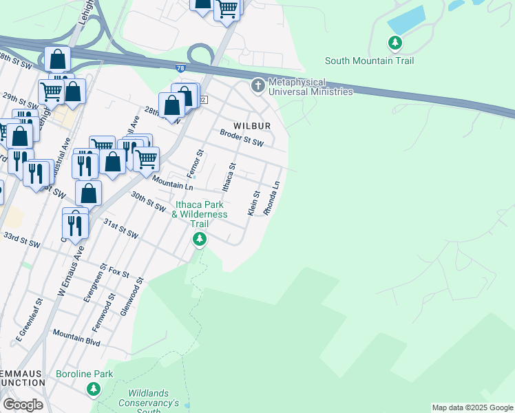 map of restaurants, bars, coffee shops, grocery stores, and more near 2904 Klein Street in Allentown