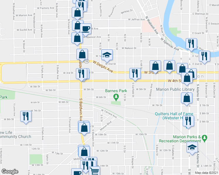 map of restaurants, bars, coffee shops, grocery stores, and more near 1012 West 5th Street in Marion