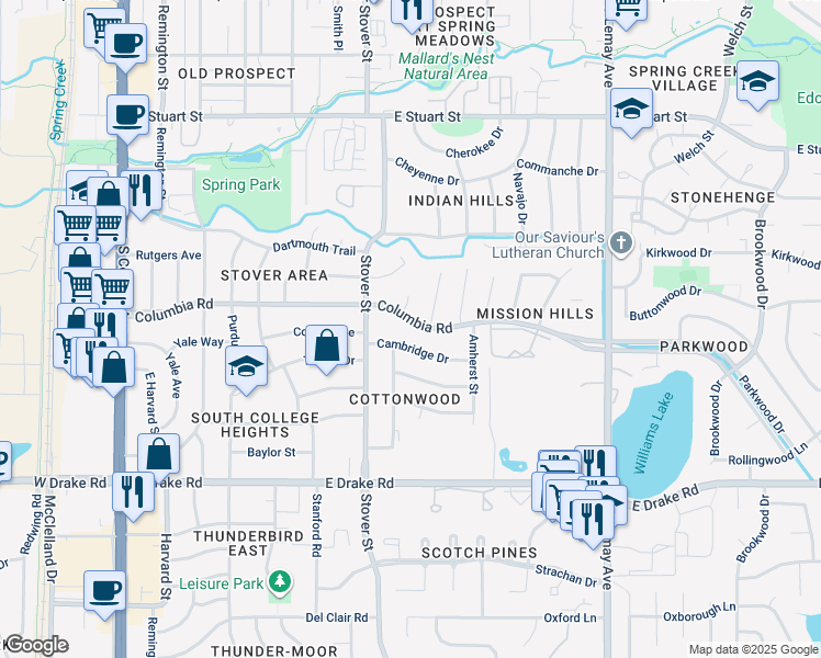 map of restaurants, bars, coffee shops, grocery stores, and more near 807 Columbia Road in Fort Collins