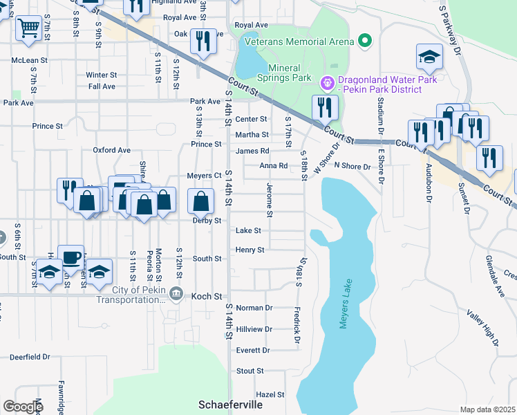 map of restaurants, bars, coffee shops, grocery stores, and more near 1421 Fisher Street in Pekin