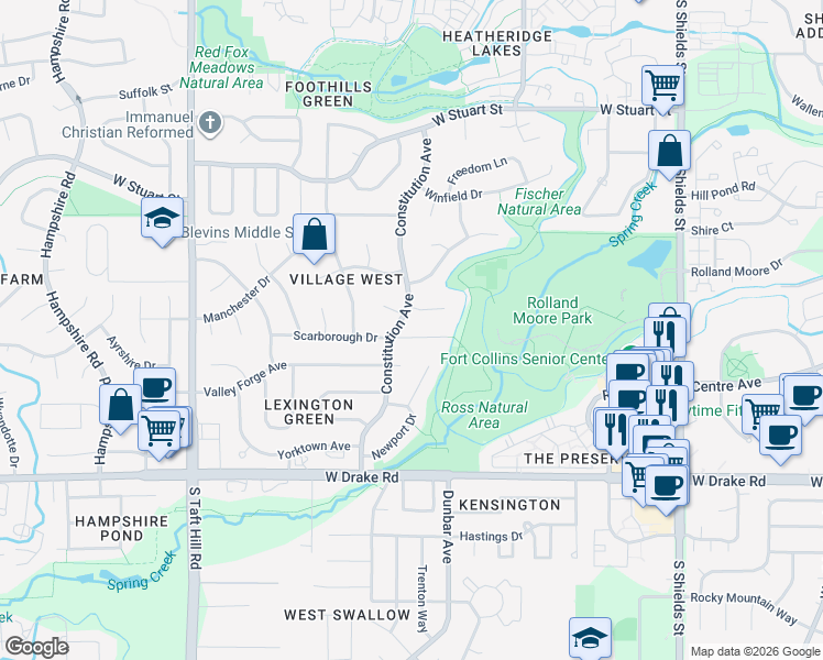 map of restaurants, bars, coffee shops, grocery stores, and more near 1630 Scarborough Drive in Fort Collins