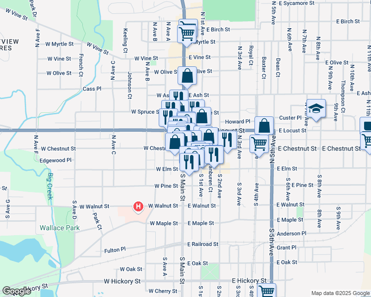 map of restaurants, bars, coffee shops, grocery stores, and more near 109 North Main Street in Canton