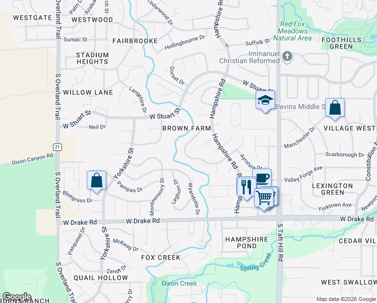 map of restaurants, bars, coffee shops, grocery stores, and more near 2524 Charolais Drive in Fort Collins