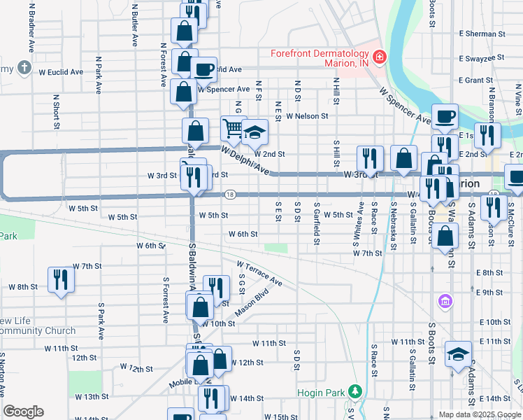 map of restaurants, bars, coffee shops, grocery stores, and more near 1024 West 5th Street in Marion
