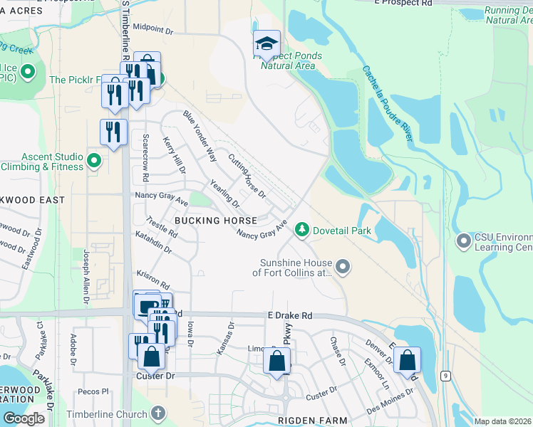 map of restaurants, bars, coffee shops, grocery stores, and more near 2274 Yearling Drive in Fort Collins