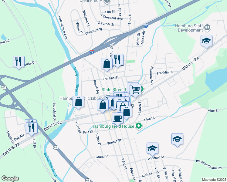 map of restaurants, bars, coffee shops, grocery stores, and more near 106 North 4th Street in Hamburg