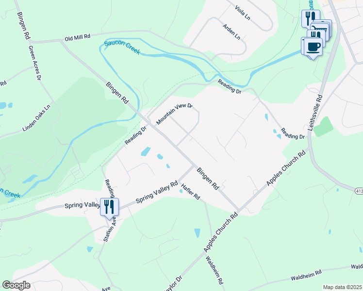 map of restaurants, bars, coffee shops, grocery stores, and more near 1815 Hillside Drive in Bethlehem