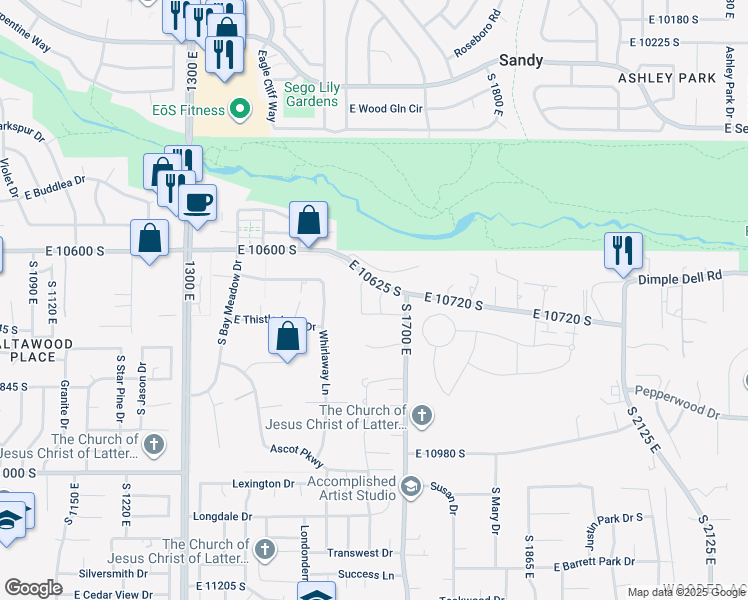map of restaurants, bars, coffee shops, grocery stores, and more near 10684 Ridge Way Road in Sandy