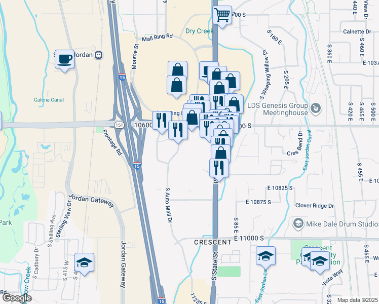 map of restaurants, bars, coffee shops, grocery stores, and more near 10695 Auto Mall Drive in Sandy