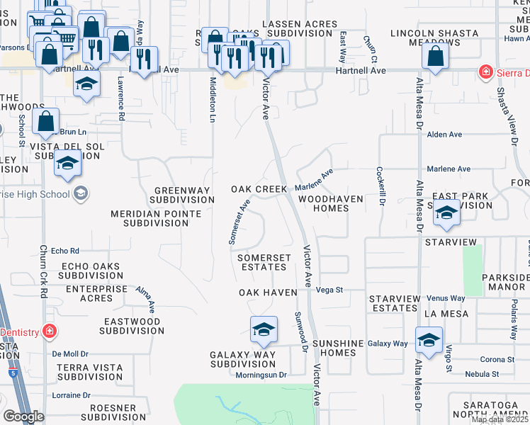 map of restaurants, bars, coffee shops, grocery stores, and more near 1739 Soda Springs Circle in Redding