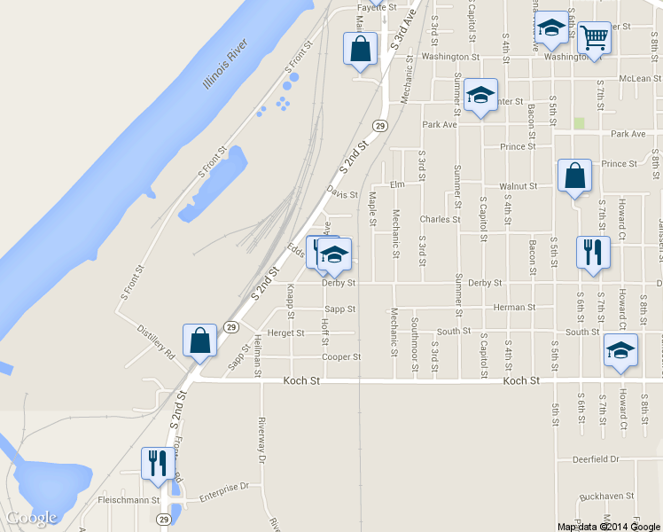map of restaurants, bars, coffee shops, grocery stores, and more near 112 Edds Street in Pekin