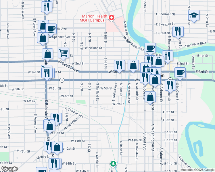 map of restaurants, bars, coffee shops, grocery stores, and more near 620 West 5th Street in Marion