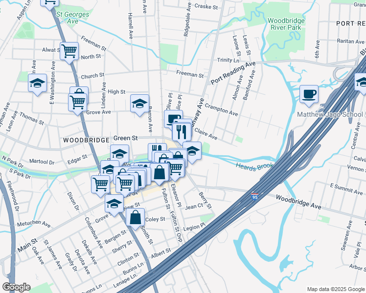 map of restaurants, bars, coffee shops, grocery stores, and more near 19 East Green Street in Woodbridge Township