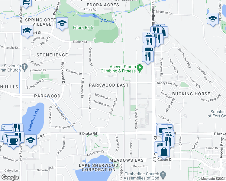 map of restaurants, bars, coffee shops, grocery stores, and more near 1730 Barnwood Drive in Fort Collins