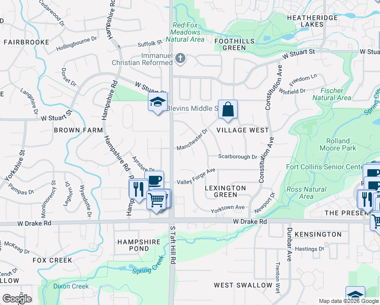 map of restaurants, bars, coffee shops, grocery stores, and more near 2307 Manchester Court in Fort Collins
